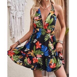 Floral Tropical Printed Halter Neck Tie Waist Dress